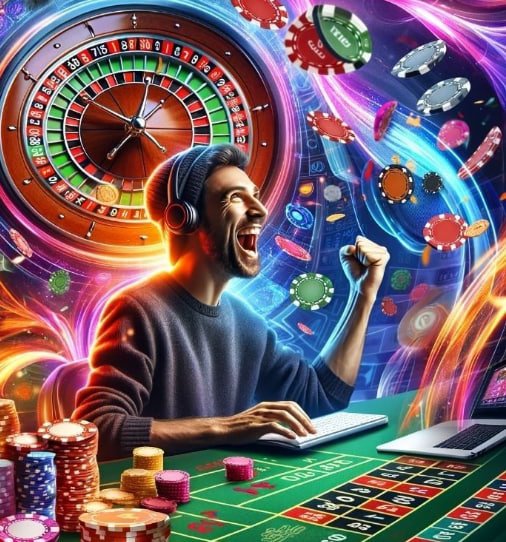 Ilustrasi pemain menikmati game casino dan taruhan olahraga di perangkat mobile